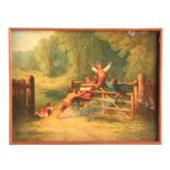 A 19TH CENTURY OIL ON BOARD TRAY ENTITLED ‘HAPPY AS A KING’ depicting children playing on a gate,