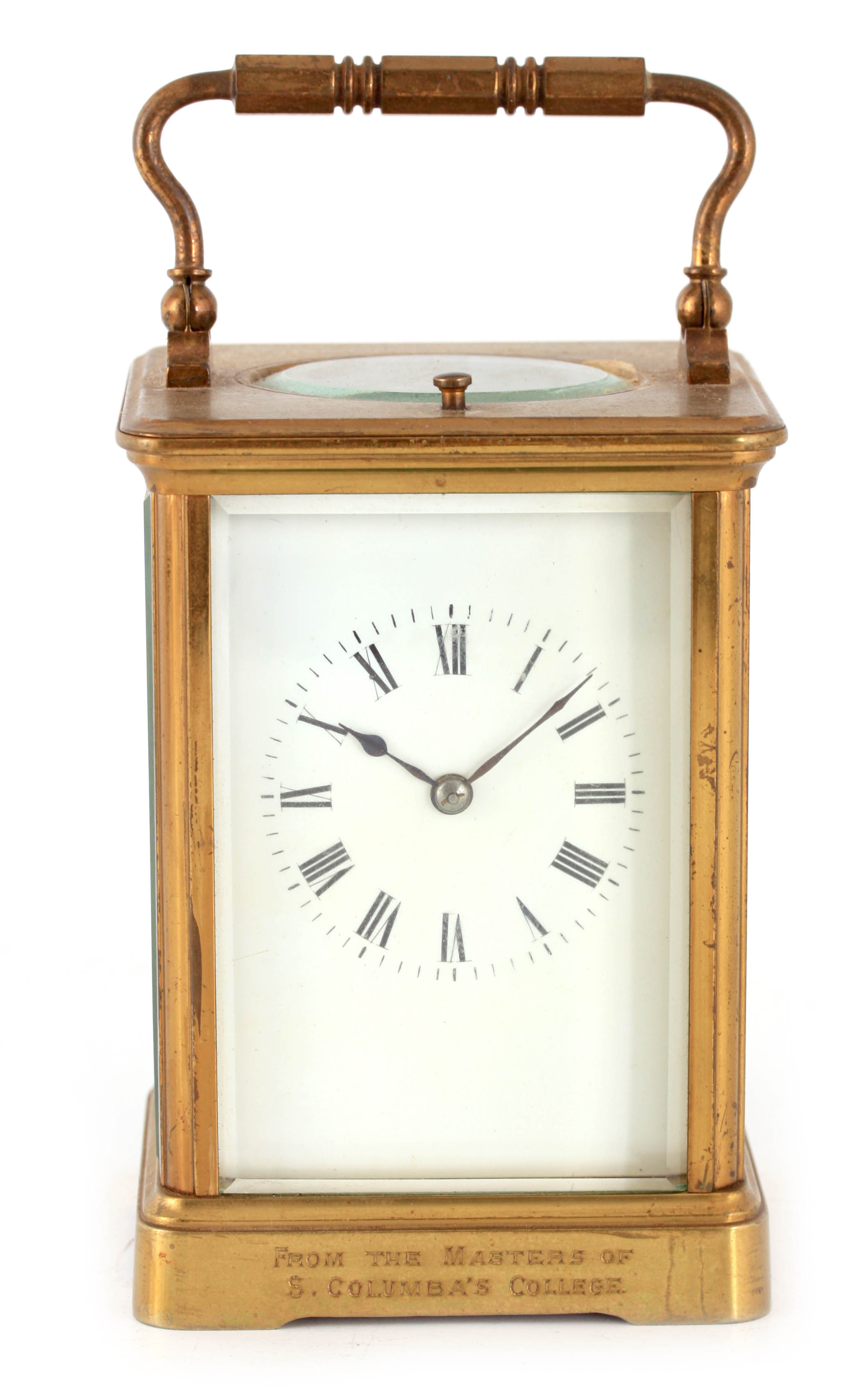 A LATE 19TH CENTURY FRENCH LACQUERED BRASS CARRIAGE CLOCK REPEATER with corniche case and white