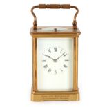 A LATE 19TH CENTURY FRENCH LACQUERED BRASS CARRIAGE CLOCK REPEATER with corniche case and white