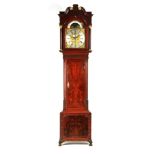 JOHN GREENALL, BOLD A GEORGE III FLAME MAHOGANY LONGCASE CLOCK the hood with swan neck pediment