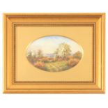 RAYMOND RUSHTON, A ROYAL WORCESTER LARGE FRAMED OVAL PORCELAIN PLAQUE painted with a tree-lined