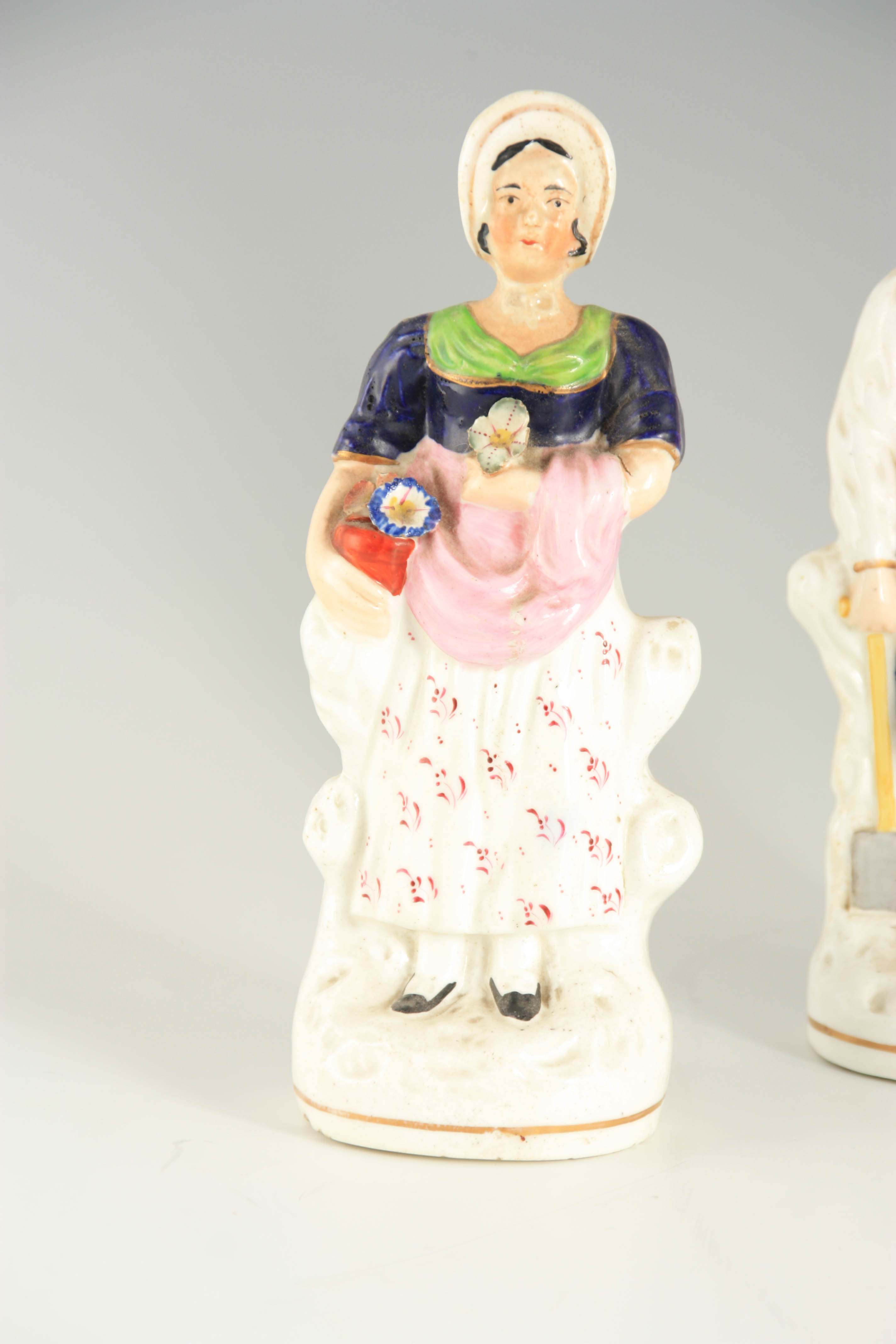 A PAIR OF 19TH CENTURY STANDING STAFFORDSHIRE FIGURES of Spring and Winter 21.5 and 21cm high - Image 2 of 7