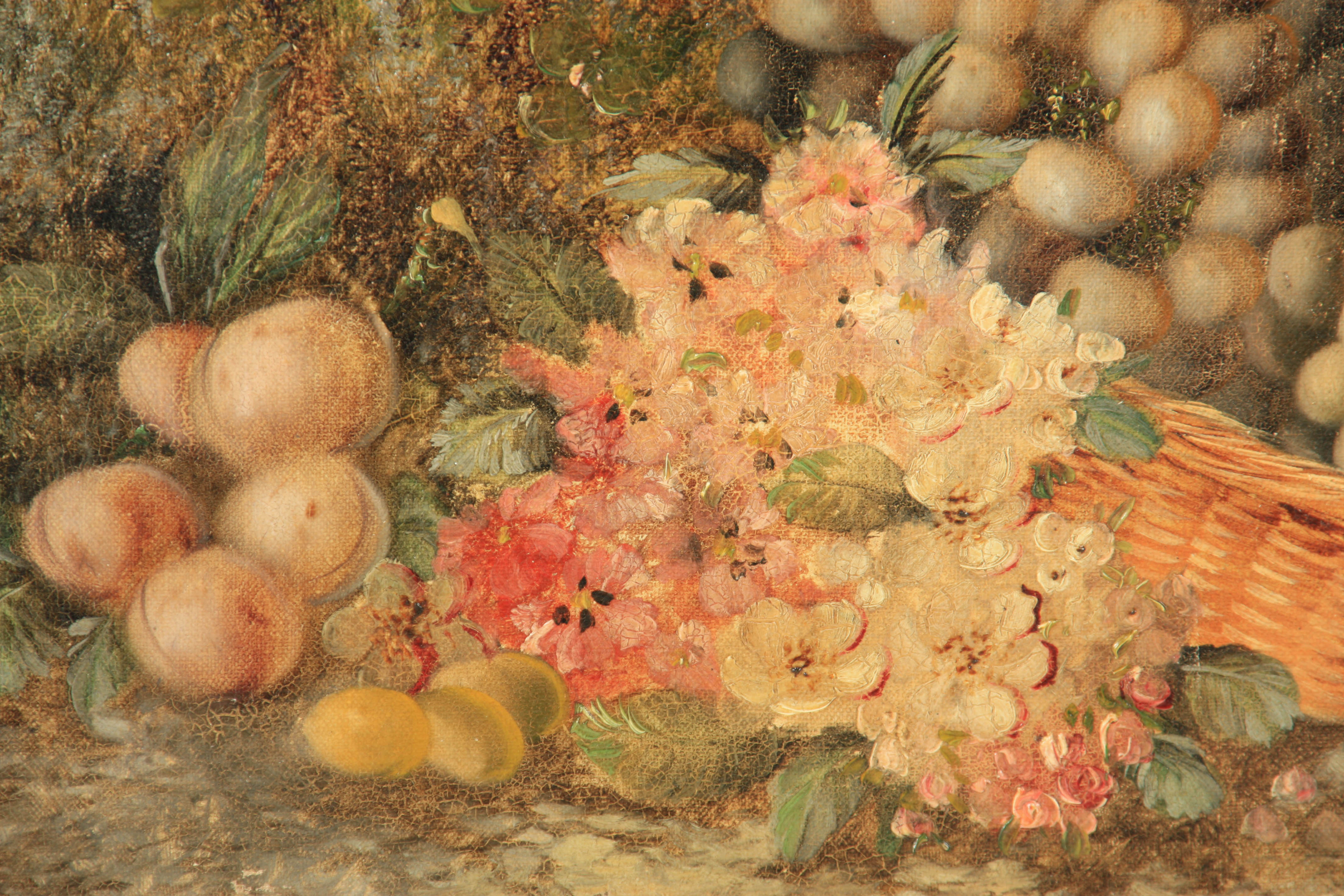 VINCENT CLARE A 19TH CENTURY OIL ON CANVAS depicting a basket of ripe fruits and flowers on a - Image 4 of 6