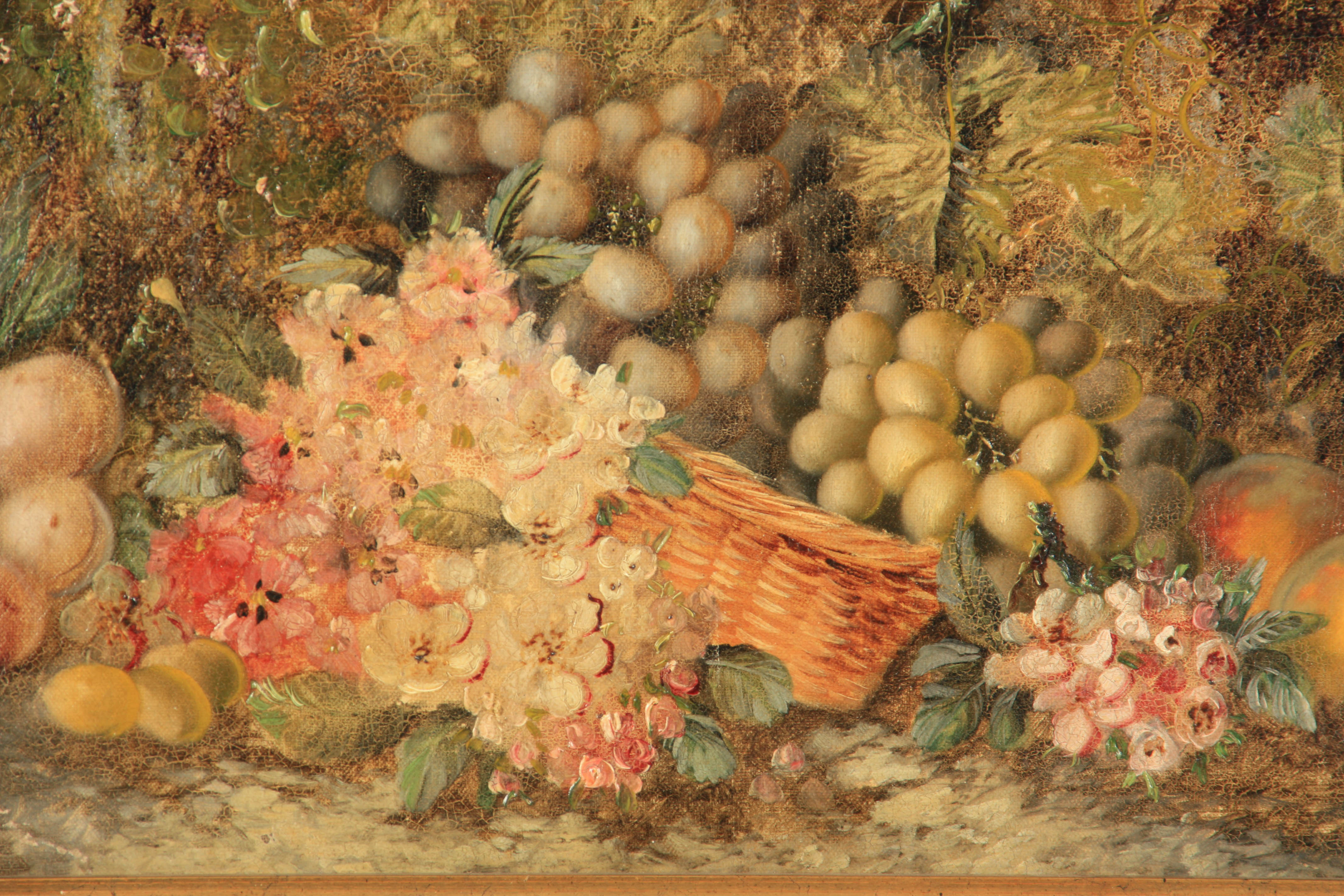 VINCENT CLARE A 19TH CENTURY OIL ON CANVAS depicting a basket of ripe fruits and flowers on a - Image 2 of 6