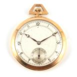 AN ART DECO 9CT GOLD OPEN FACE POCKET WATCH the slim case enclosing a silvered dial with Arabic