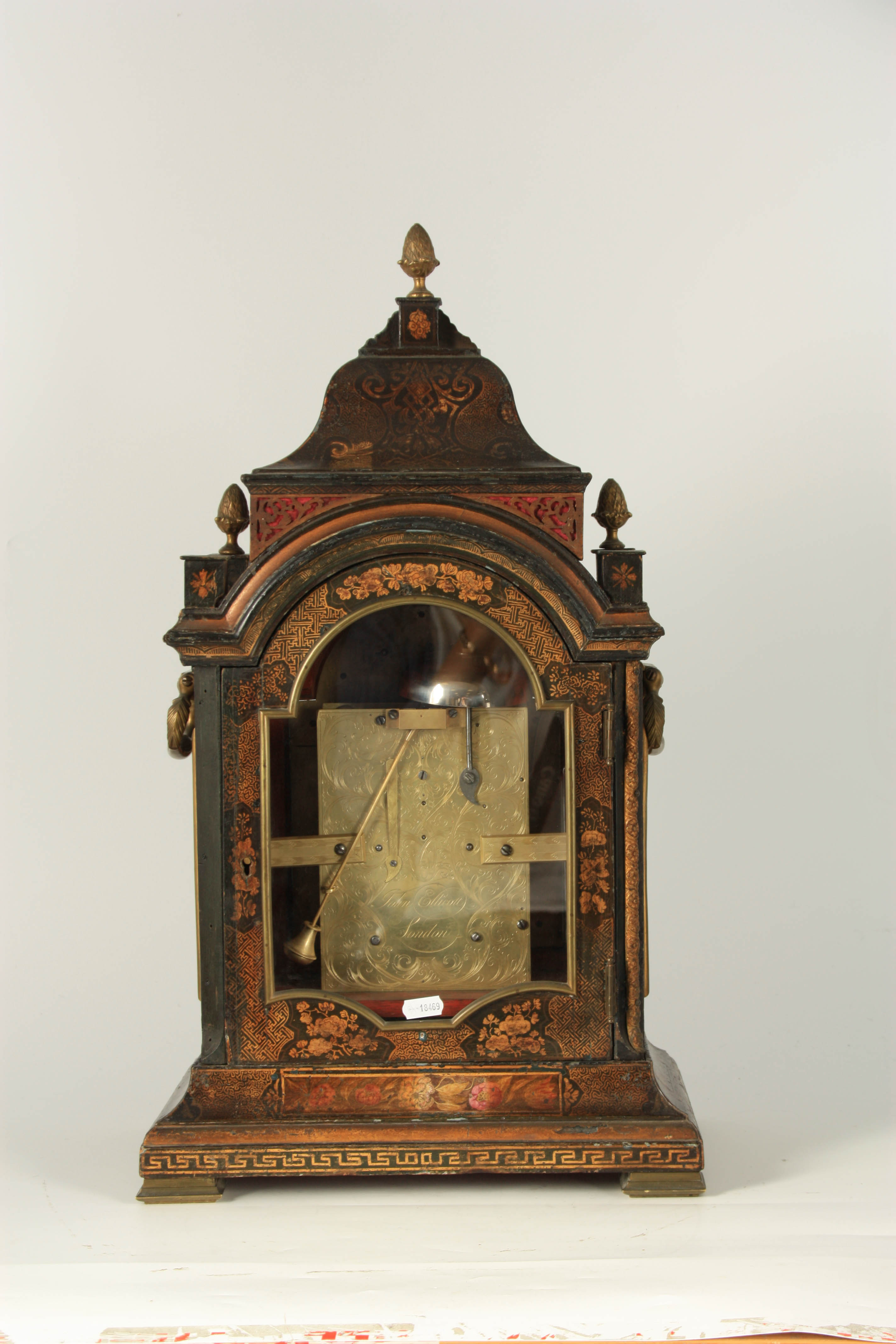 JOHN ELLICOTT, LONDON. A FINE GEORGE II GREEN LACQUER CHINOISERIE BRACKET CLOCK the bell top case - Image 5 of 7