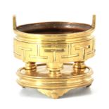 AN ORIENTAL BRONZE CENSER ON STAND with greek key-shaped decoration to the sides, standing on turned