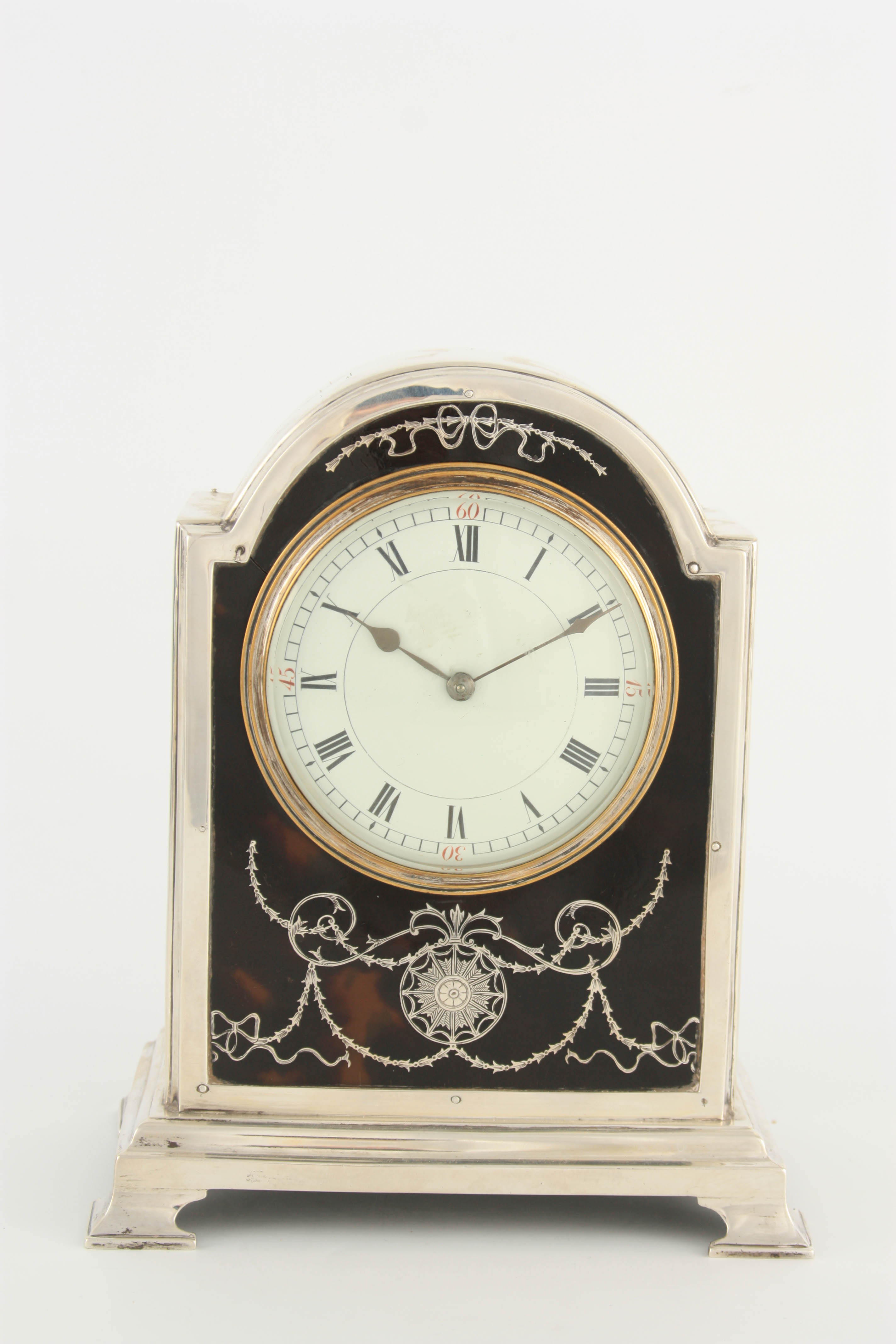 A GOOD EDWARDIAN SILVER AND TORTOISESHELL MANTEL CLOCK the arch-shaped case with Adam-style inlaid - Image 2 of 7