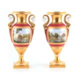 A PAIR OF 19TH CENTURY PARIS TYPE EMPIRE STYLE PORCELAIN RICHLY GILT AND MAROON GROUND URN SHAPED