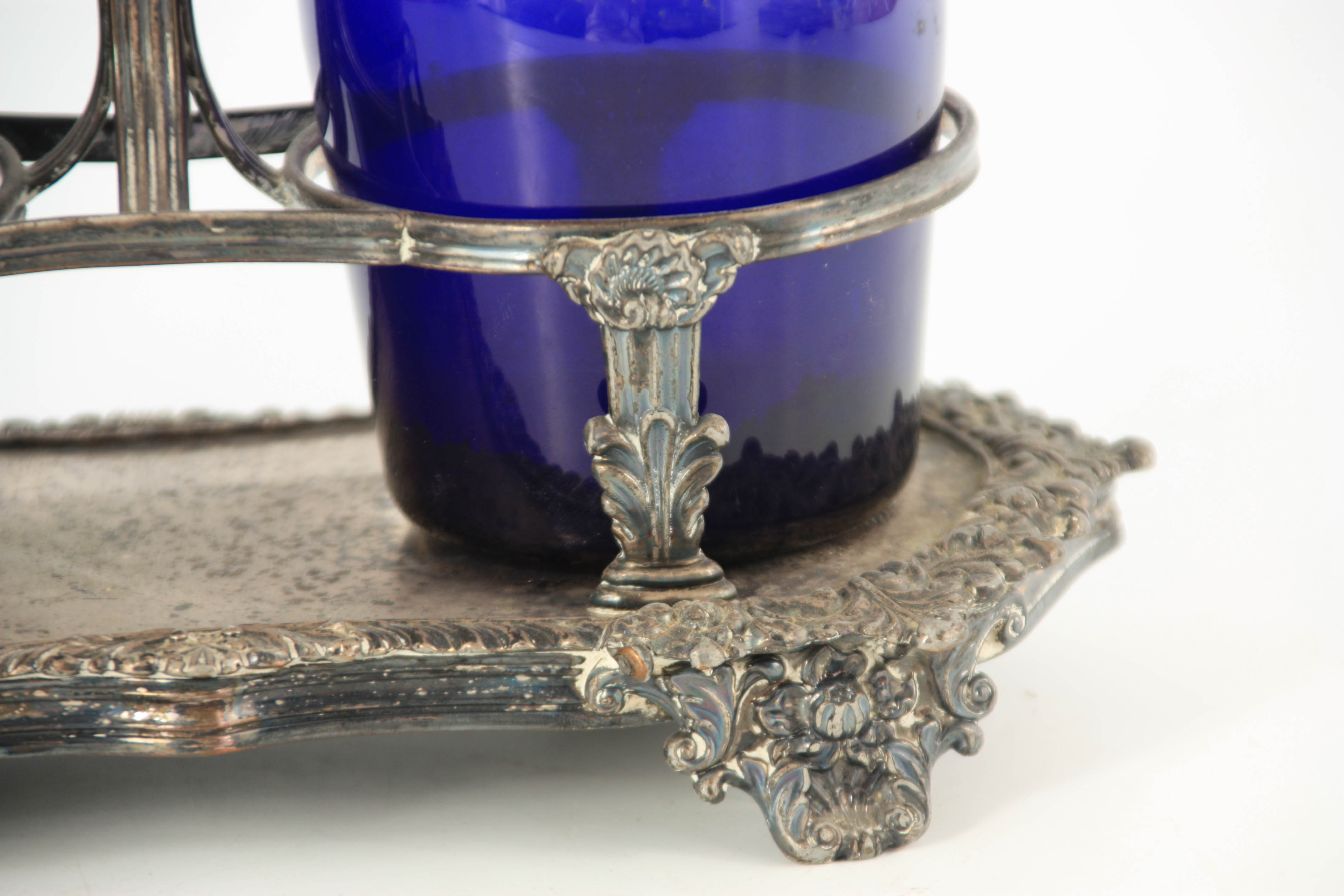 TWO EARLY 19TH CENTURY BRISTOL BLUE DECANTERS FOR RUM AND BRANDY mounted in an old Sheffield plate - Image 2 of 4