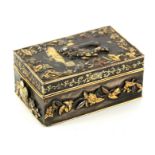A LATE 19TH CENTURY JAPANESE MEIJI PERIOD SMALL RECTANGULAR BRONZE AND MULTI-COLOURED MIXED METAL