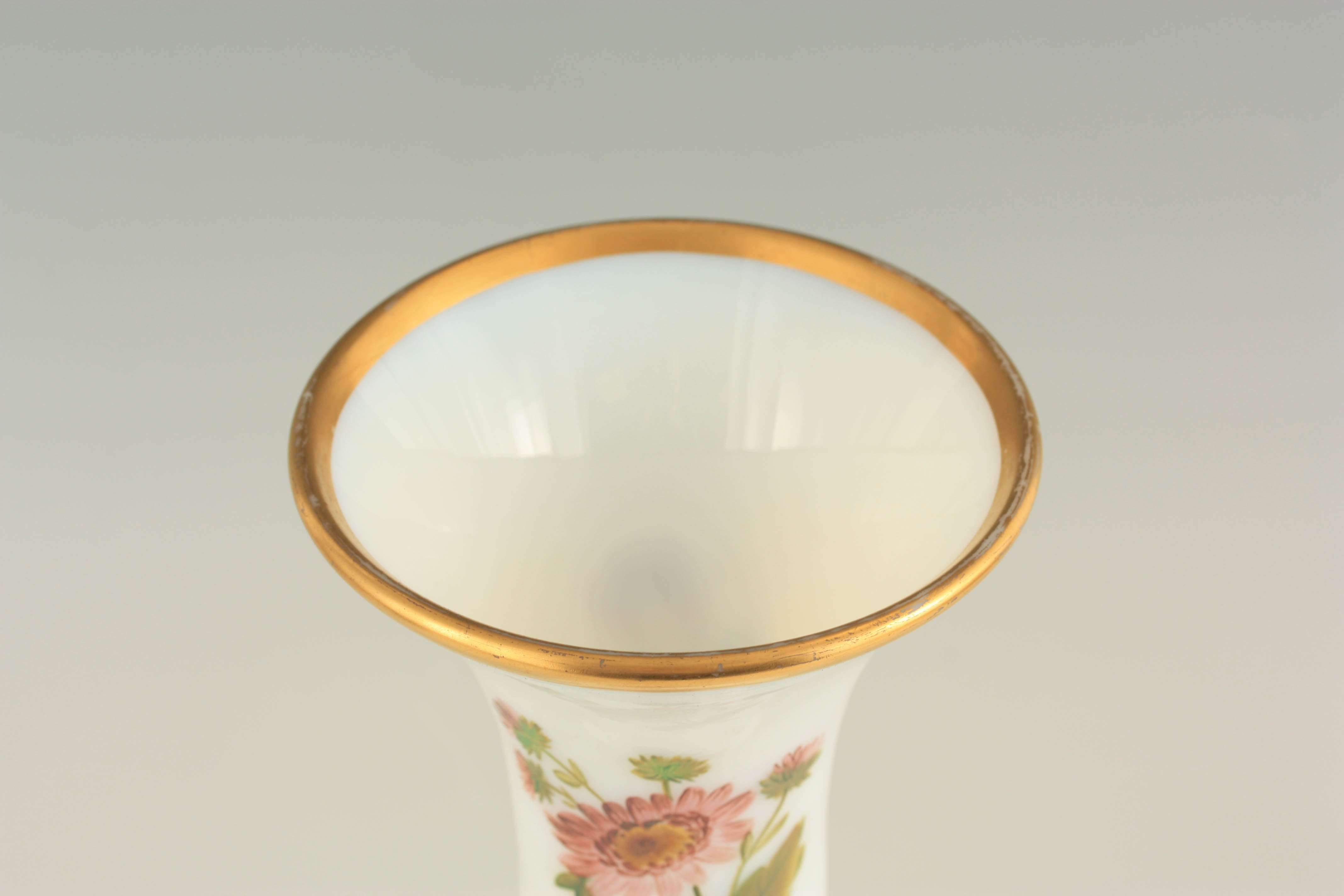 A 20TH CENTURY BACCARAT STYLE OPALINE GLASS VASE with floral decoration, having gilt bands to the - Image 6 of 6