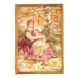 EMILE LESSORE A 19TH CENTURY PAINTED PORCELAIN PLAQUE of a mother and daughter in a woodland setting