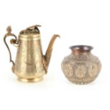 A 19TH CENTURY MIDDLE EASTERN SILVER METAL COFFEE POT engraved with an interior figural scene and