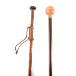 A 19TH CENTURY EUROPEAN SPIKE STICK with black hawthorn shaft and leather twisted handle having a