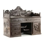 A 20TH CENTURY JAPANESE CARVED WOOD TABLE TOP CABINET with gallery top depicting a mountainous