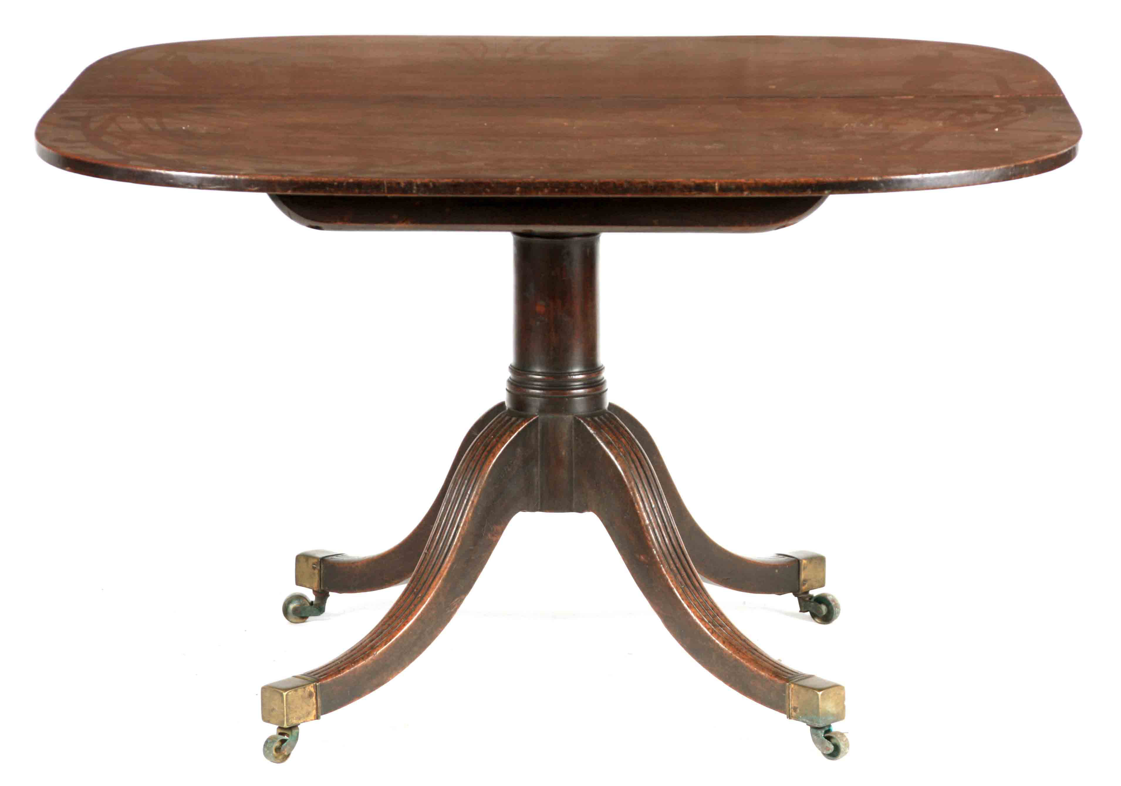 AN UNUSUAL MID 18TH CENTURY DROP LEAF PEDESTAL DINING TABLE with two-section top one being