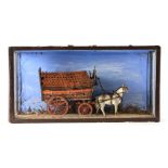 A 19TH CENTURY GLAZED CASED DIORAMA depicting a loaded wood merchants wagon drawn by a pair of