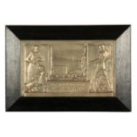 AN ARTS AND CRAFTS SILVERED BRONZE WALL PLAQUE SIGNED F CHRISTALLER depicting a farmer and his