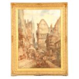 PAUL MARNY A 19TH CENTURY WATERCOLOUR French town scene with horse-drawn caravan and figures 82cm