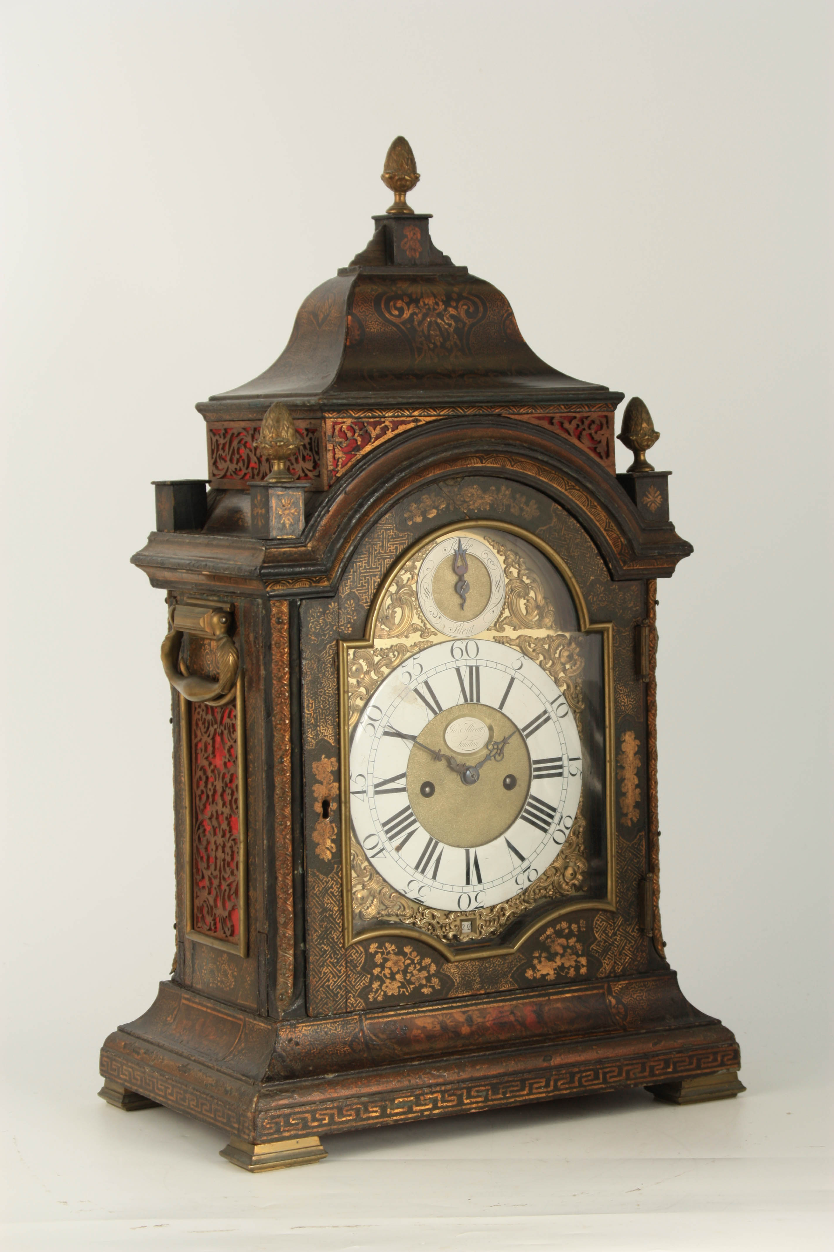 JOHN ELLICOTT, LONDON. A FINE GEORGE II GREEN LACQUER CHINOISERIE BRACKET CLOCK the bell top case - Image 3 of 7