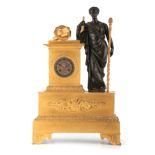 A LARGE 19TH CENTURY PATINATED BRONZE AND ORMOLU FIGURAL MANTEL CLOCK modelled as a classical maiden