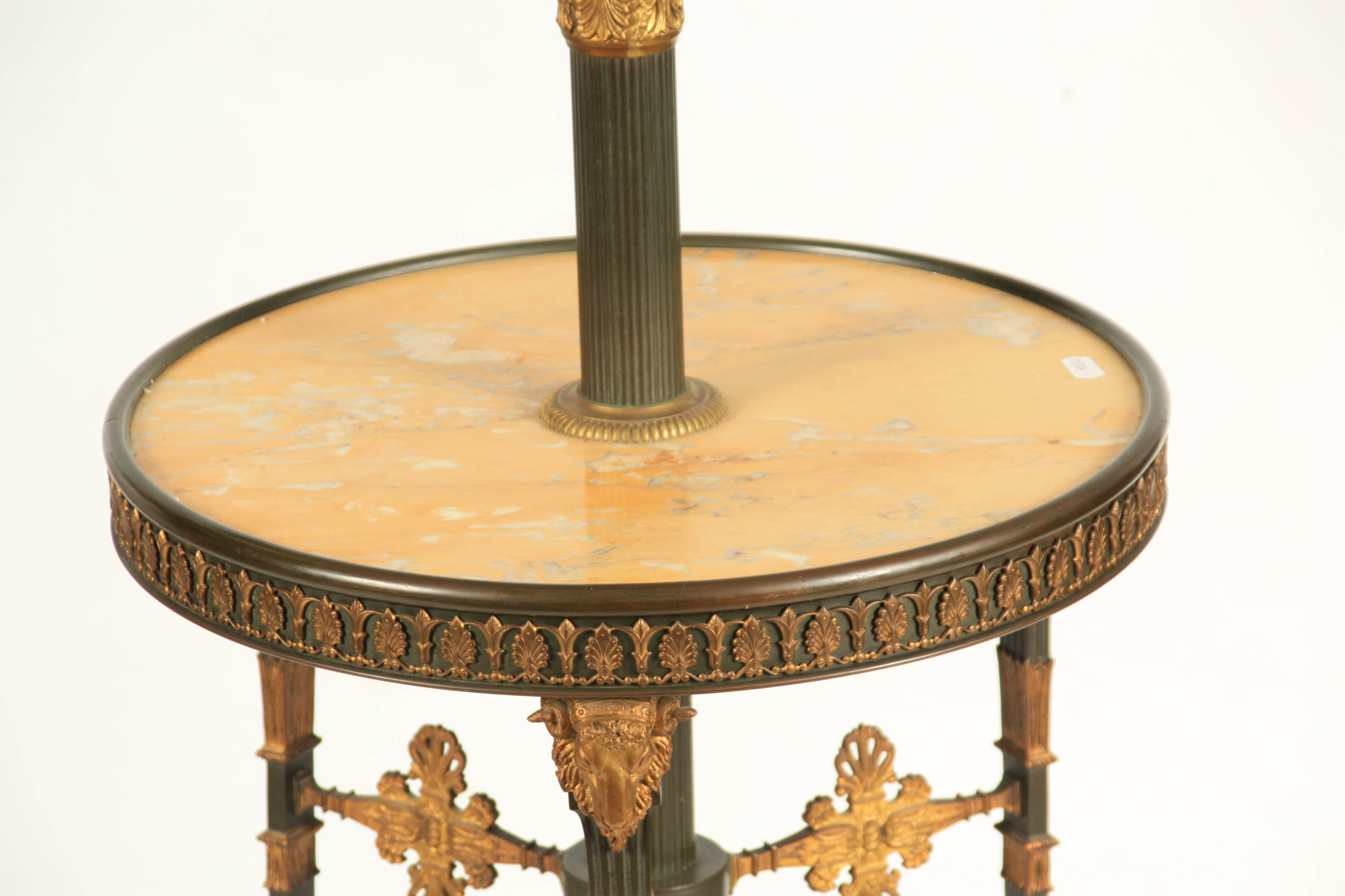 A 19TH CENTURY FRENCH EMPIRE STYLE ORMOLU AND GREEN PATINATED STANDARD LAMP/TABLE WITH SIENNA MARBLE - Image 3 of 6