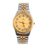 A GENTLEMAN'S STAINLESS STEEL AND GOLD PLATE OMEGA SEAMASTER WRIST WATCH on original bracelet, the