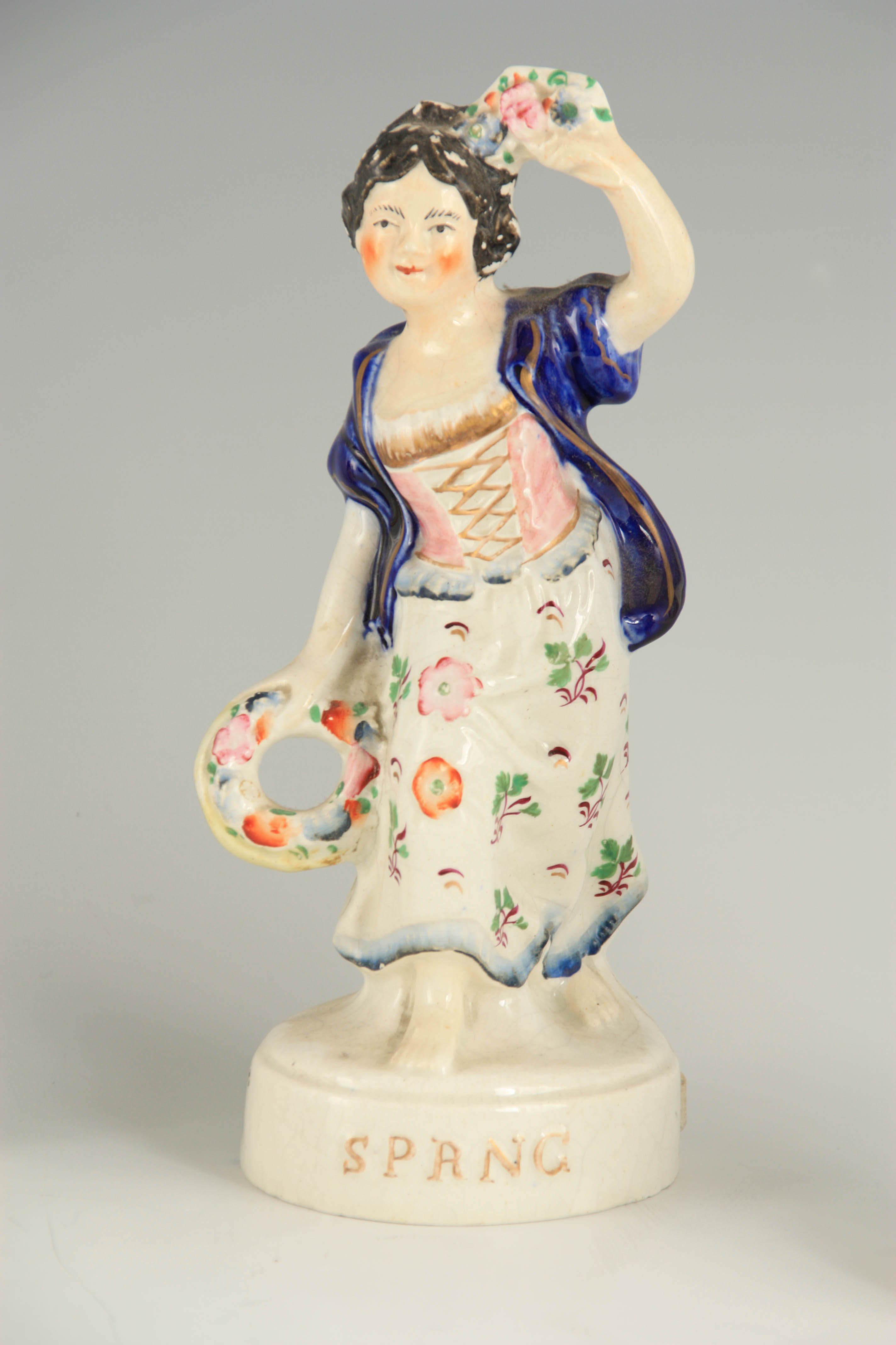 A PAIR OF 19TH CENTURY STANDING STAFFORDSHIRE FIGURES of Spring and Winter 21.5 and 21cm high - Image 5 of 7