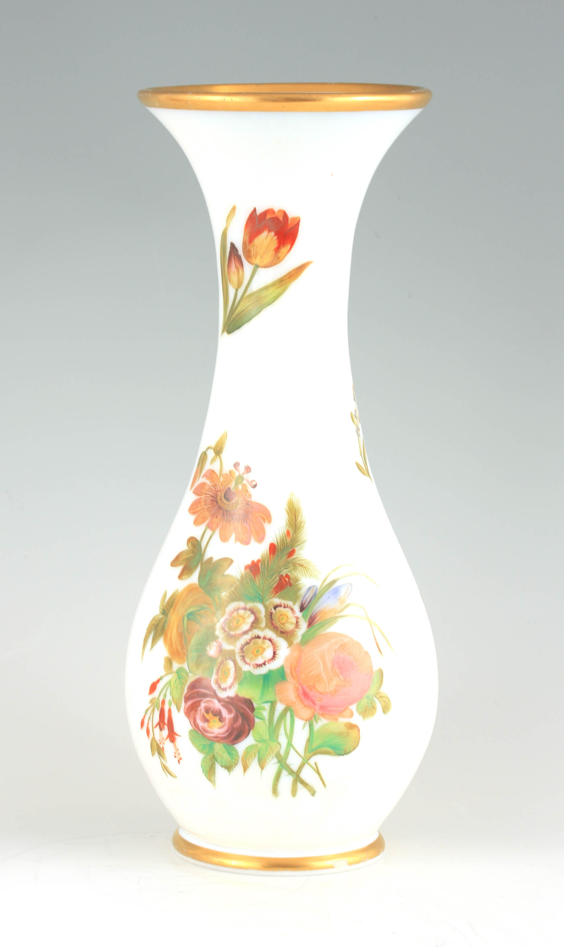 A 20TH CENTURY BACCARAT STYLE OPALINE GLASS VASE with floral decoration, having gilt bands to the