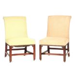 A PAIR OF GEORGE III MAHOGANY CHIPPENDALE STYLE UPHOLSTERED SIDE CHAIRS with scrolled backs and