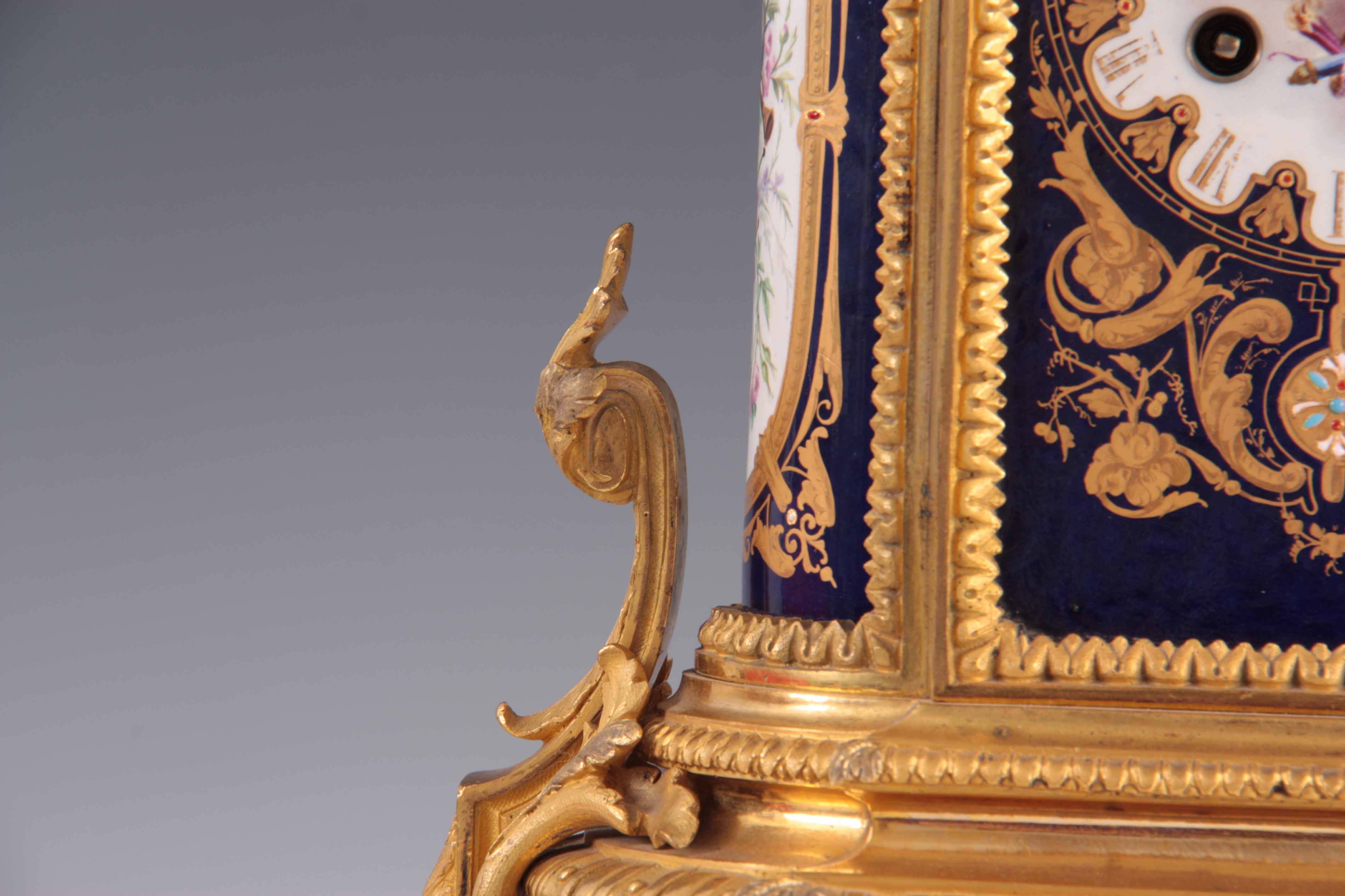A LATE 19TH CENTURY FRENCH ORMOLU AND PORCELAIN PANEL MANTEL CLOCK the gilt brass case with chased - Image 5 of 8