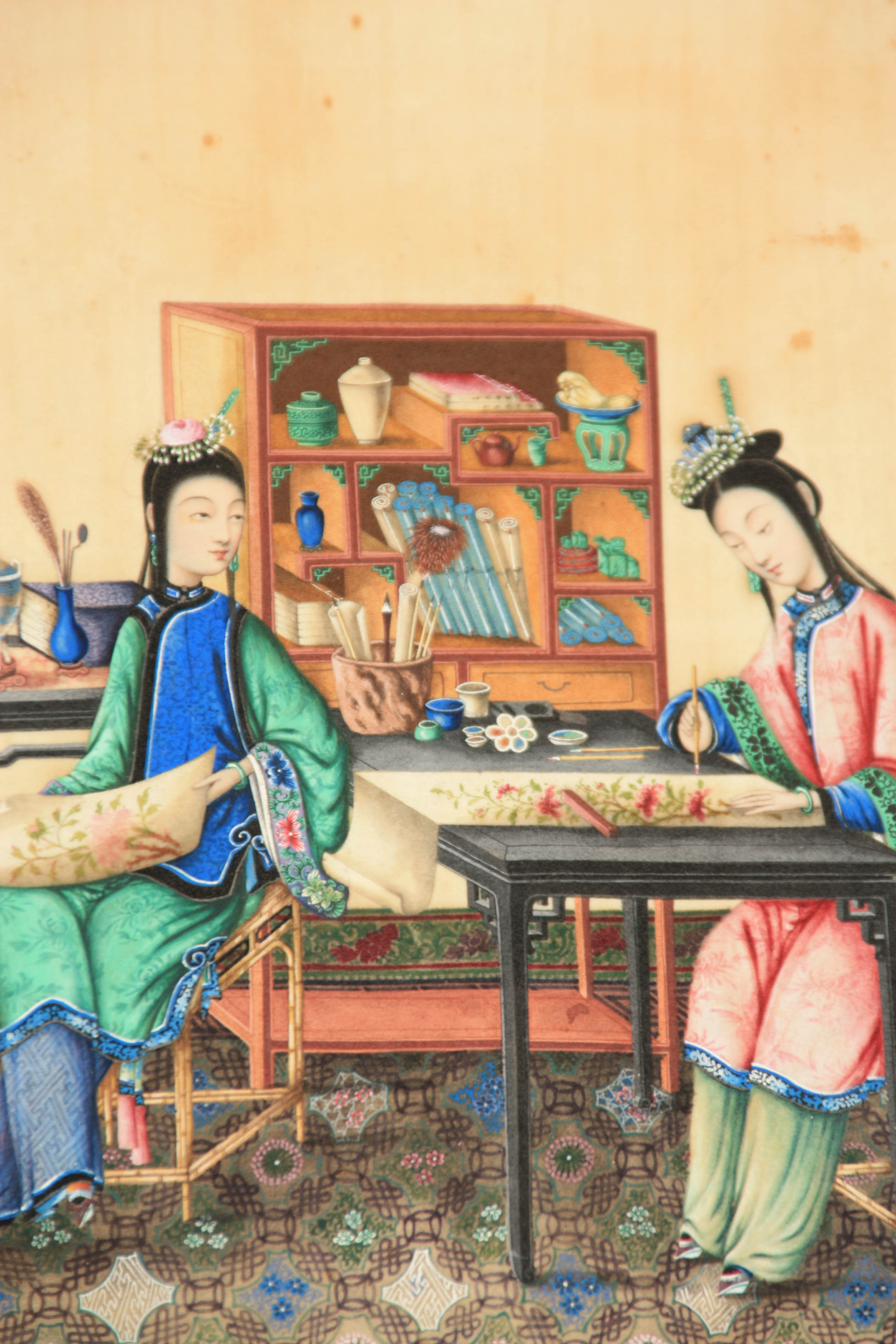 A PAIR OF 19TH CENTURY CHINESE FINE QUALITY PITH PAPER PAINTINGS of women in interior settings - Image 4 of 8