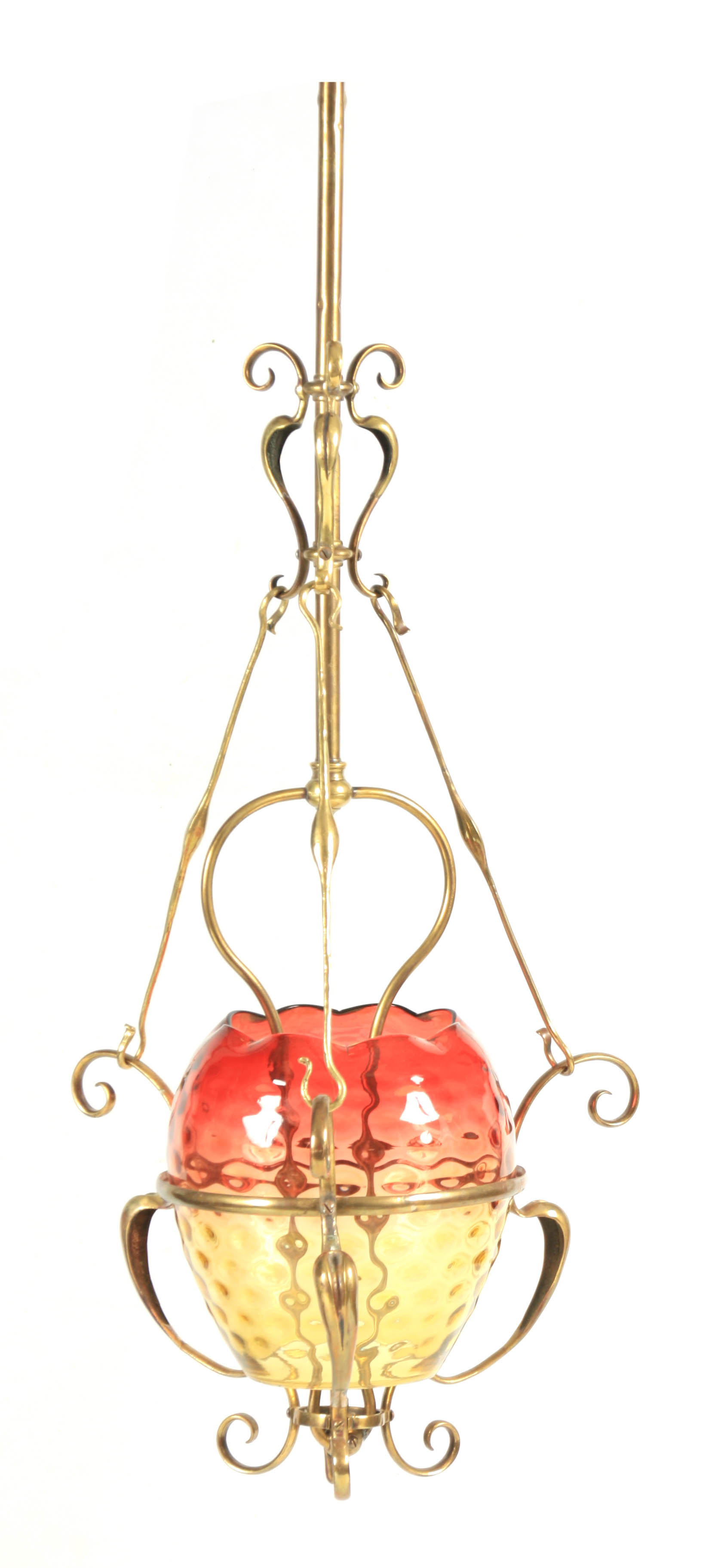 AN ART NOUVEAU BRASS FRAMED HANGING GAS LIGHT with turned stem and stylised scrollwork mounts with