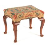 AN EARLY 18TH CENTURY QUEEN ANNE FRUITWOOD STOOL, POSSIBLY AMERICAN BEARING FRENCH AND COMPANY,