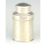 A PLAIN SILVER CYLINDRICAL TOBACCO CANISTER with domed top lid and removable inner section,12.5cm