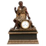 A LARGE 19TH CENTURY FRENCH FIGURAL BRONZE AND MARBLE MANTEL CLOCK the well cast patinated and