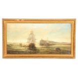 A 19TH CENTURY MARITIME OIL ON CANVAS Coastal scene with ships coming into port 28cm high 59cm