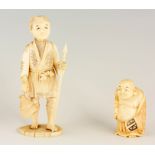 A CHINESE CARVED IVORY STANDING MALE FIGURE carrying a basket and spear, in decorated costume,