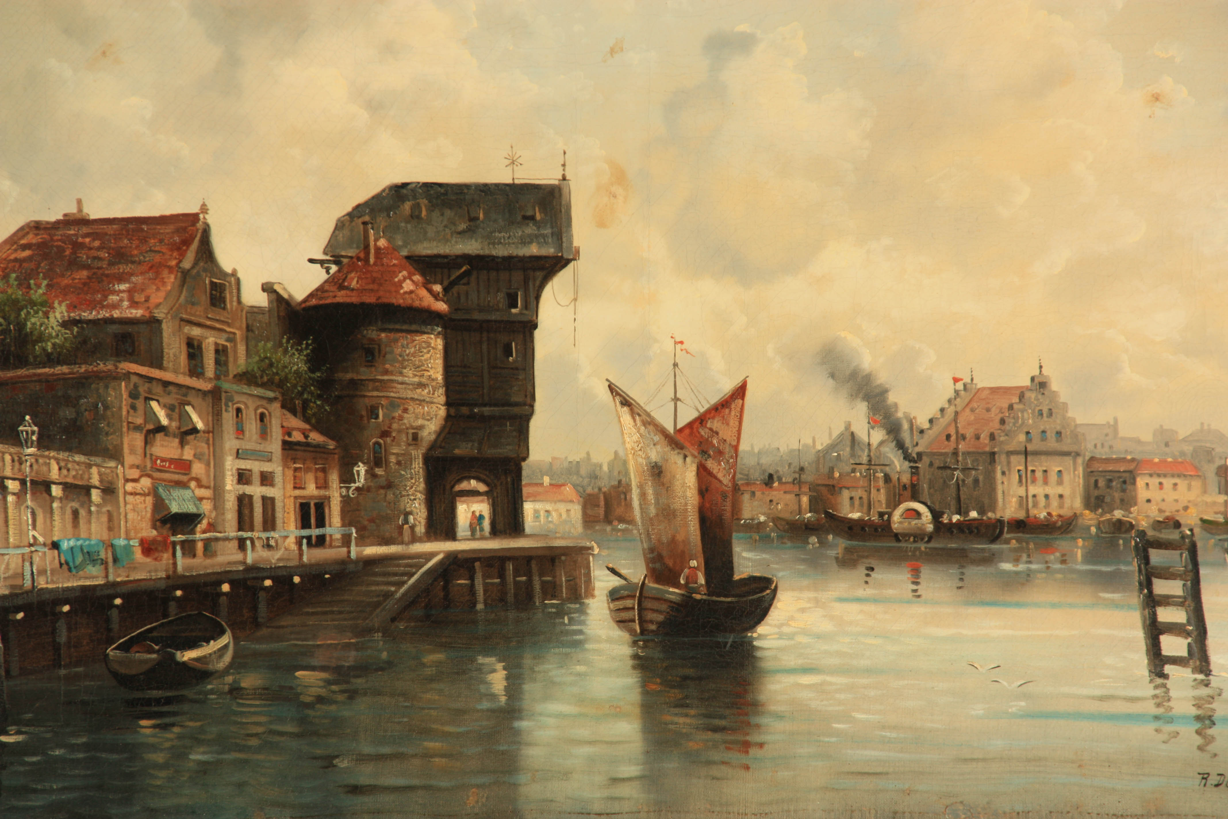 R. DOMBA A LATE 19TH CENTURY ITALIAN OIL ON CANVAS Continental port scene 49cm high 81cm wide - - Image 3 of 5