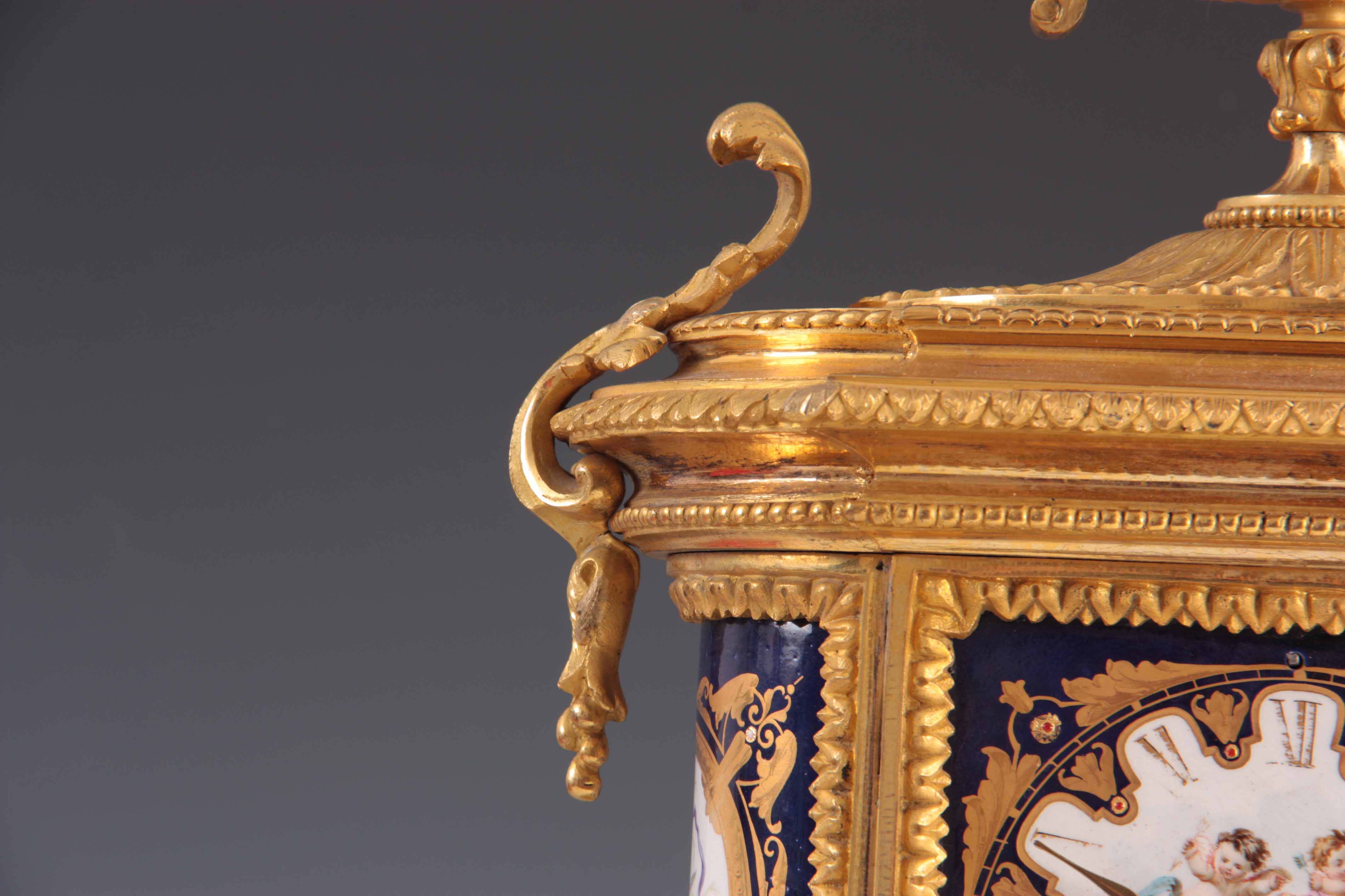 A LATE 19TH CENTURY FRENCH ORMOLU AND PORCELAIN PANEL MANTEL CLOCK the gilt brass case with chased - Image 6 of 8