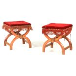 A PAIR OF LATE 19TH CENTURY X FRAME STOOLS IN THE MANNER OF PUGIN with chamfered polychrome