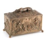 A 19TH CENTURY FRENCH BRONZE CASKET with classical figural panels and naturalistic lid with a