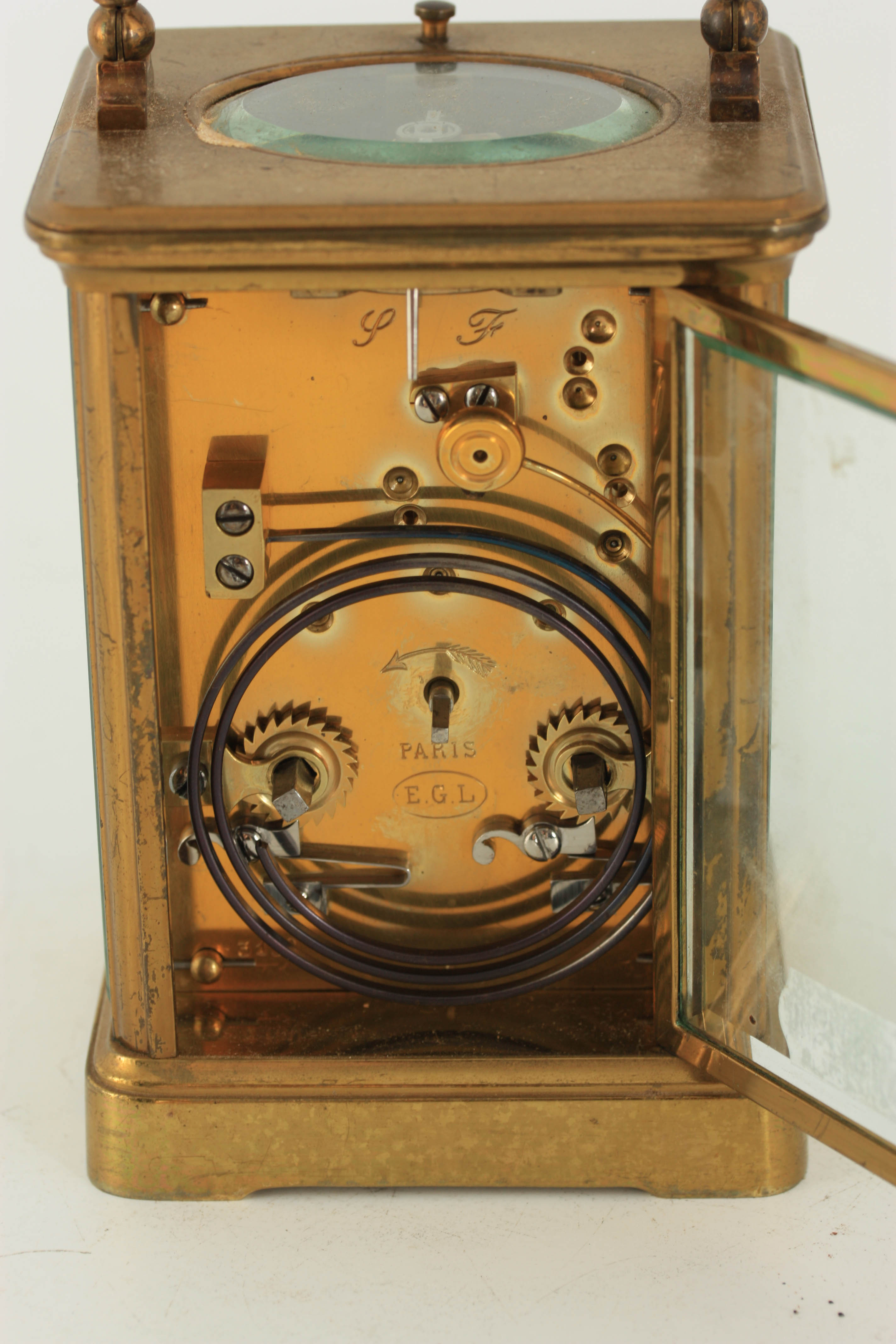 A LATE 19TH CENTURY FRENCH LACQUERED BRASS CARRIAGE CLOCK REPEATER with corniche case and white - Image 5 of 8