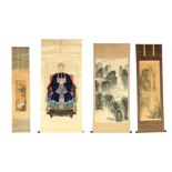 A CHINESE SCROLLED A WATERCOLOUR DRAWING OF A SEATED DIGNITARY DRESSED IN ELABORATE COSTUME; TWO