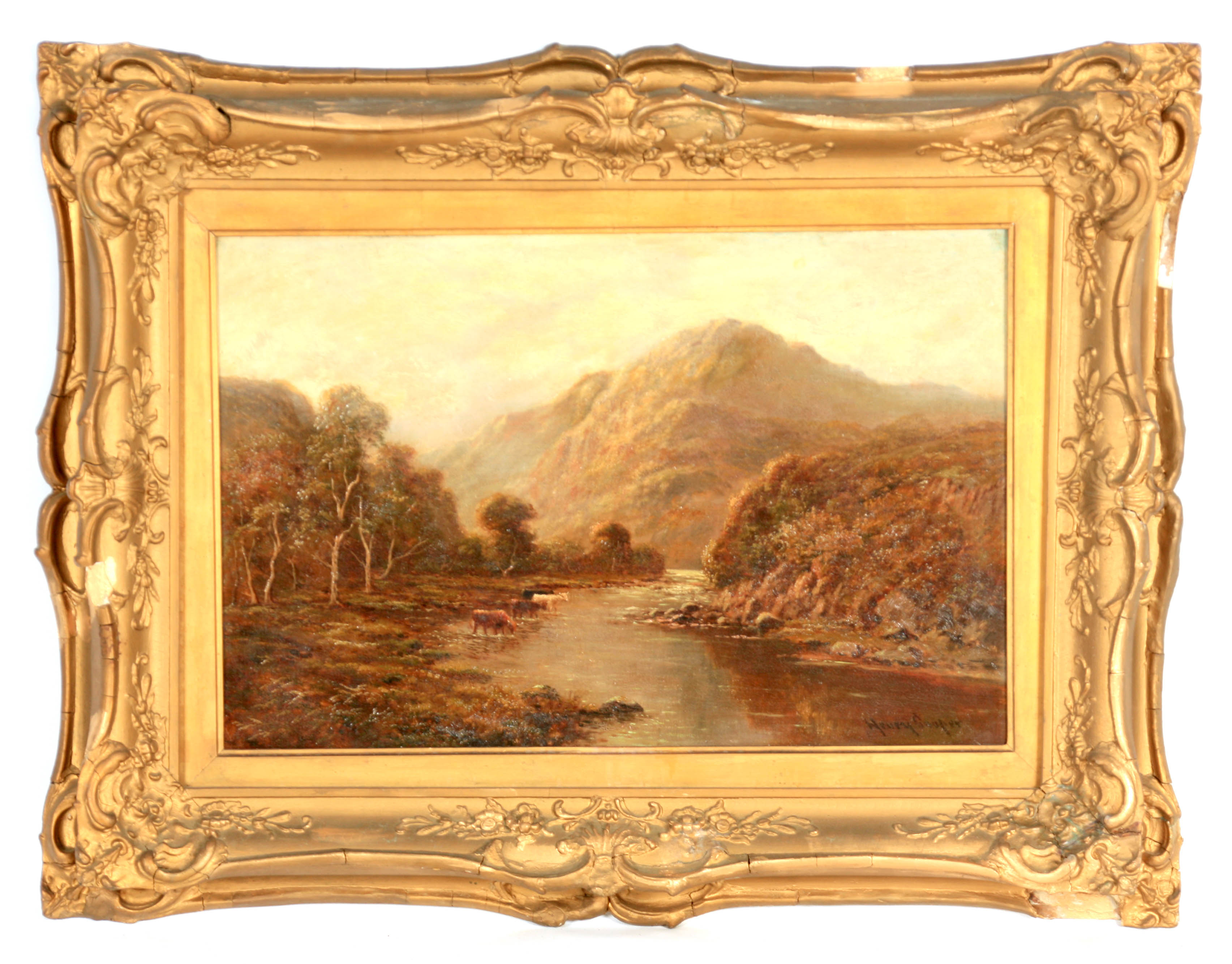 HENRY COOPER A LATE 19TH CENTURY OIL ON CANVAS highland scene with cattle watering 39cm high 60cm