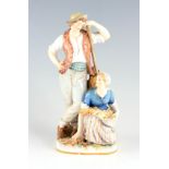 AN EARLY 20TH CENTURY MEISSEN FIGURE GROUP modelled as a farmer resting against a sheath and