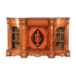 A FINE 19TH CENTURY BURR WALNUT, ORMOLU MOUNTED AND MARQUETRY CREDENZA/SIDE CABINET having floral