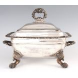 A 19TH CENTURY SILVER PLATE ON COPPER SOUP TUREEN AND COVER of rectangular two handled form with