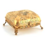 A FRENCH GILT BRONZE AND CHAMPLEVE ENAMEL MOUNTED JEWELLERY CASKET with bead edge hinged lid
